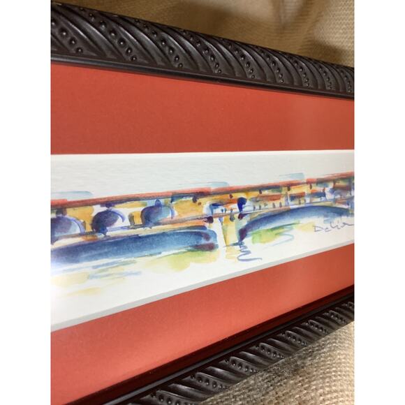 Nice small rectangle village town bridge watercolor painting signed by artist - Picture 4 of 7